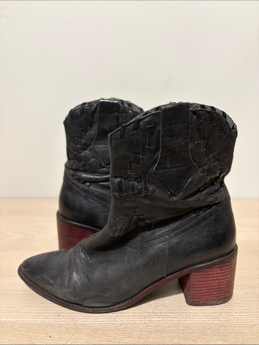 Free People- Women's Black Woven Leather Ankle Boots.